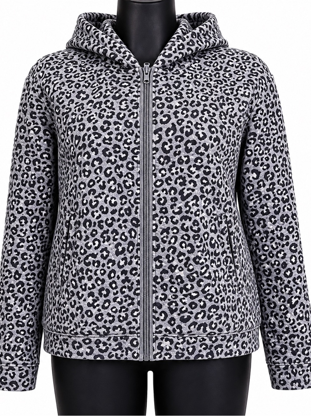 Old Navy Big Kids Gray and Black Leopard Zip Hoodie